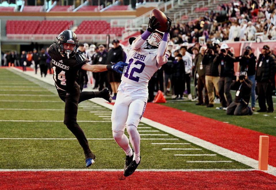 Corner Canyon and Lehi play in high school football semifinal action at Rice-Eccles Stadium in Salt Lake City on Friday, Nov. 10, 2023. Corner Canyon won 63-24. | Scott G Winterton, Deseret News