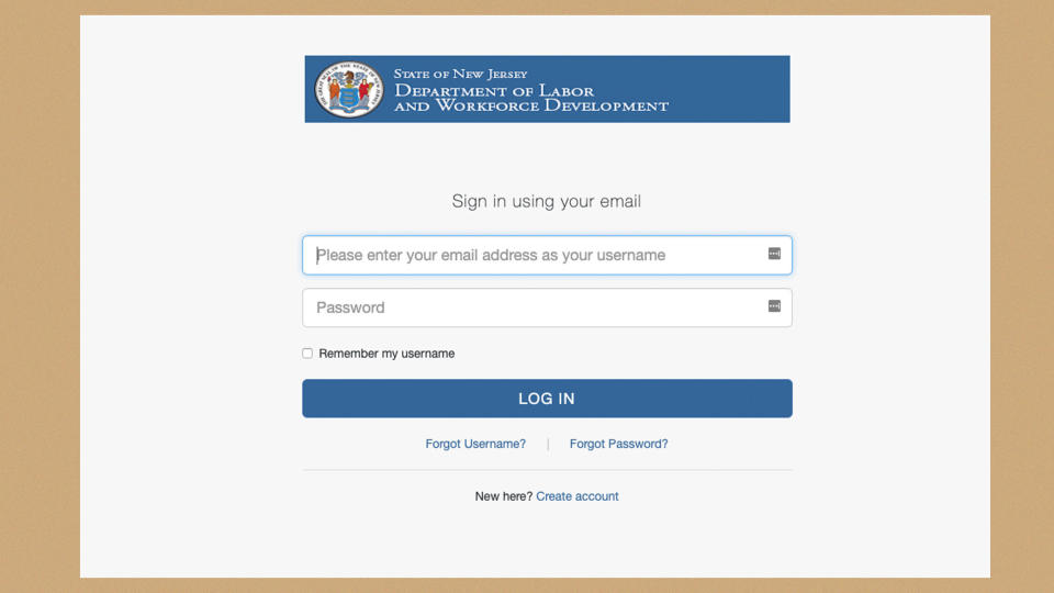 A screenshot of the login page for New Jersey's unemployment website. (Photo: New Jersey Department of Labor)