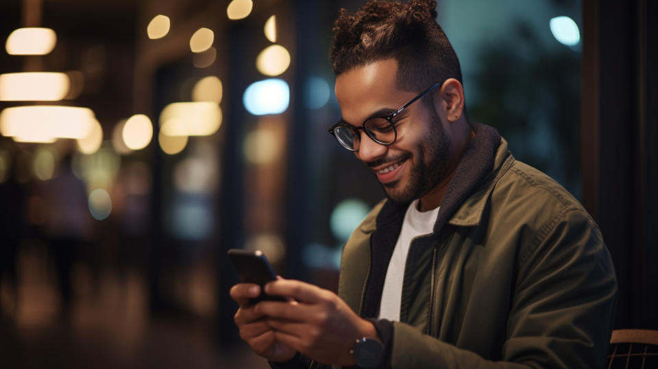 A smiling customer receiving customer contact center solutions on their smartphone.