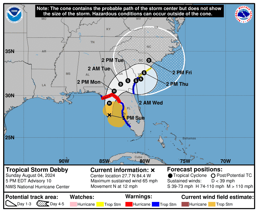 Probably path for Tropical Storm Debby as of 5 p.m. Sunday, August 4, 2024.