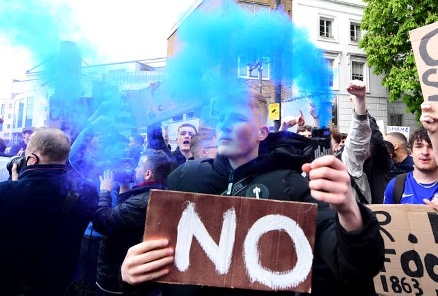 Fans protest against Chelsea’s involvement in the Super League idea back in April