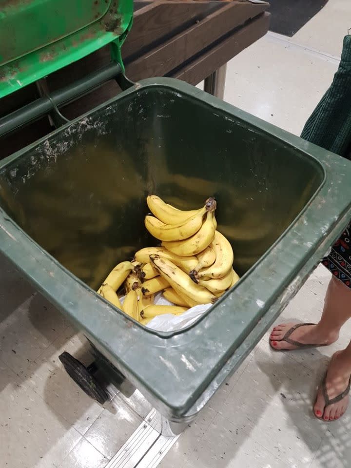 Pictured are the bunches of bananas in the bin. Source: Facebook