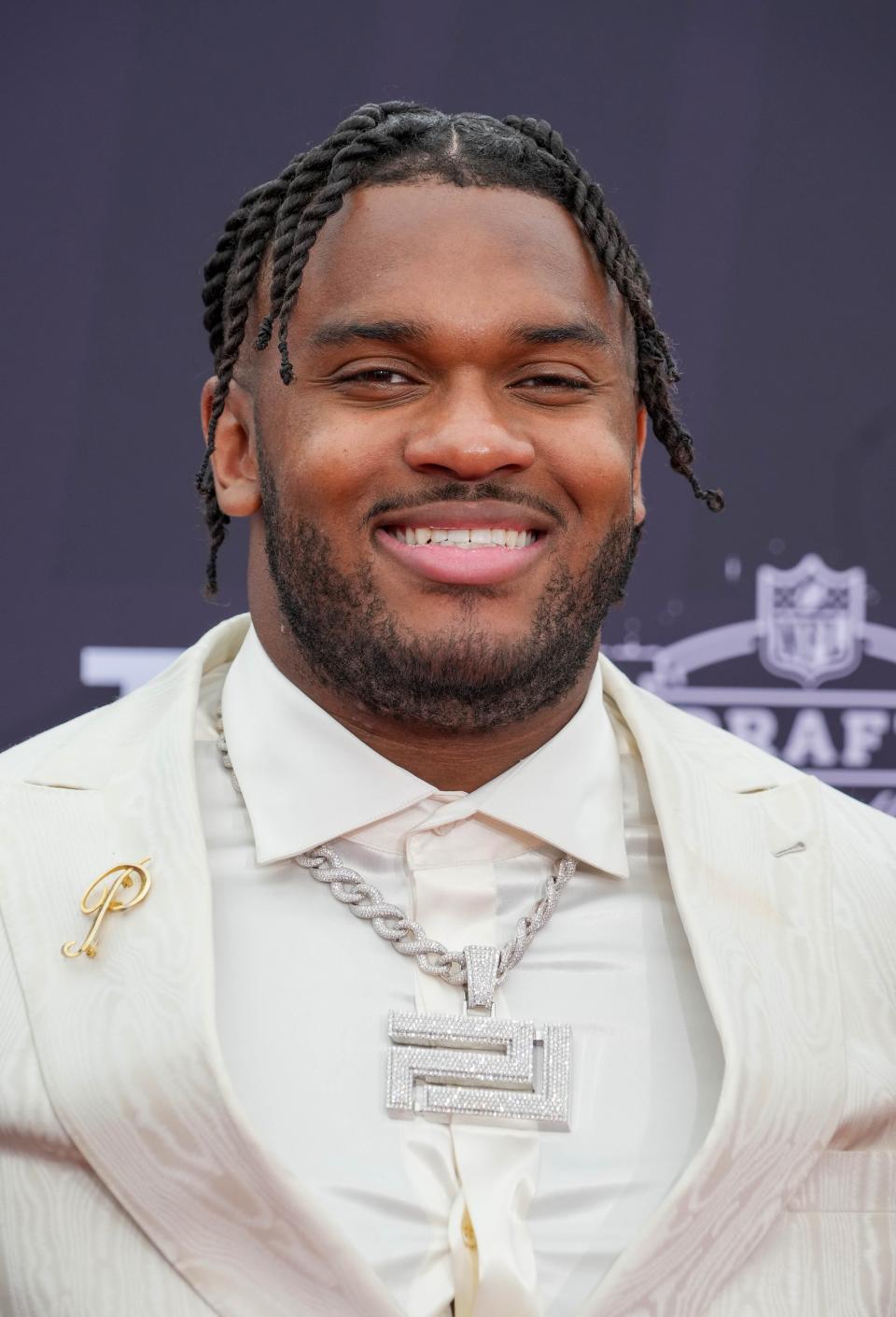 Ohio State tackle Paris Johnson Jr. poses for a photo on the NFL Draft Red Carpet before the first round of the 2023 NFL Draft at Union Station in Kansas City, MO, on April 27, 2023.