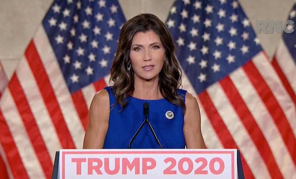 South Dakota Gov. Kristi Noem boasted at August's Republican National Convention about her defiance of "an elite class of so-called experts." South Dakota's per capita COVID-19 death rate is now among the highest in the nation. (Photo: Handout via Getty Images)