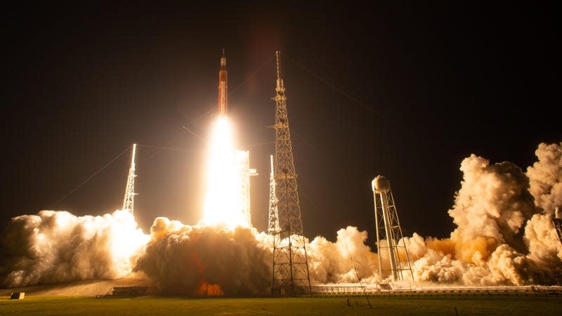 The SLS rocket taking off from Kennedy Space Center in Florida. 