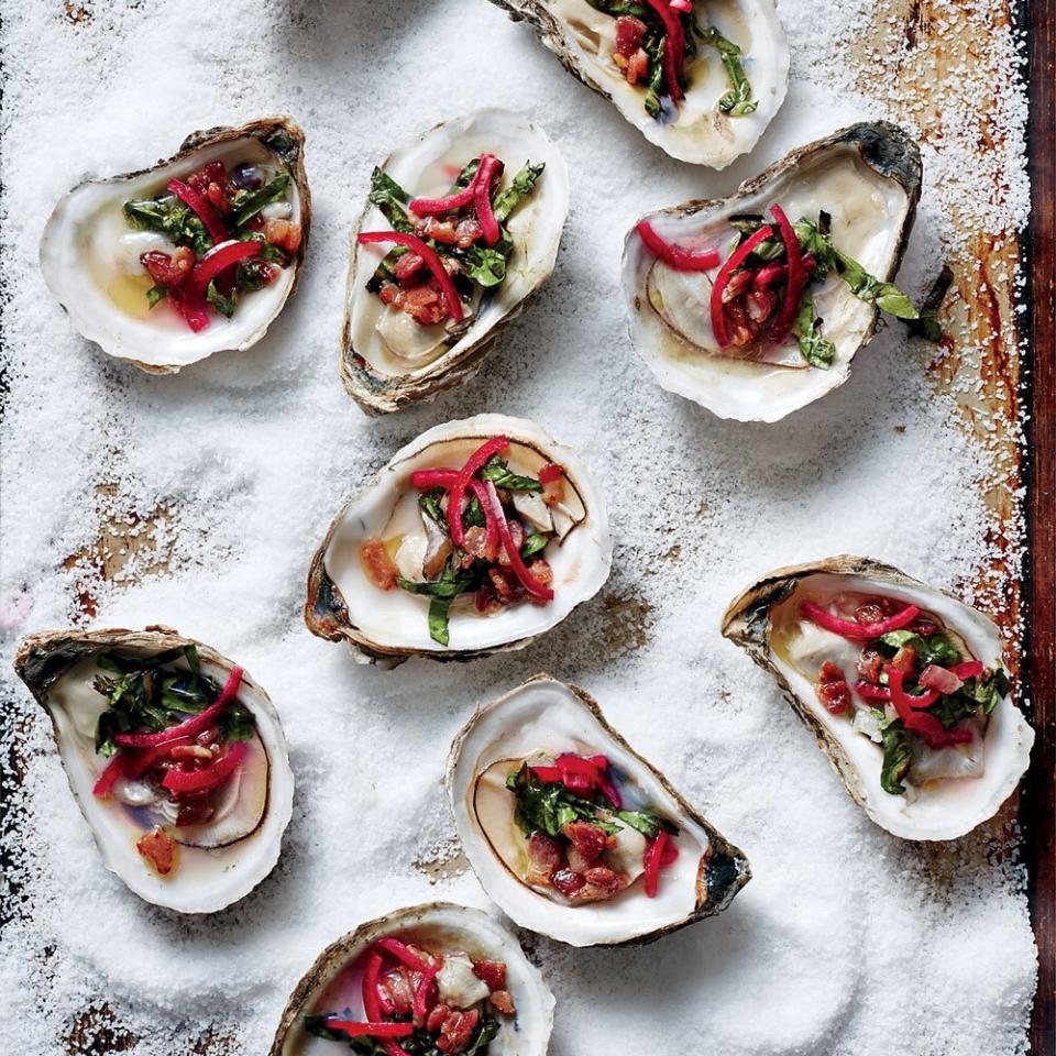 Grilled Oysters with Bacon Vinaigrette