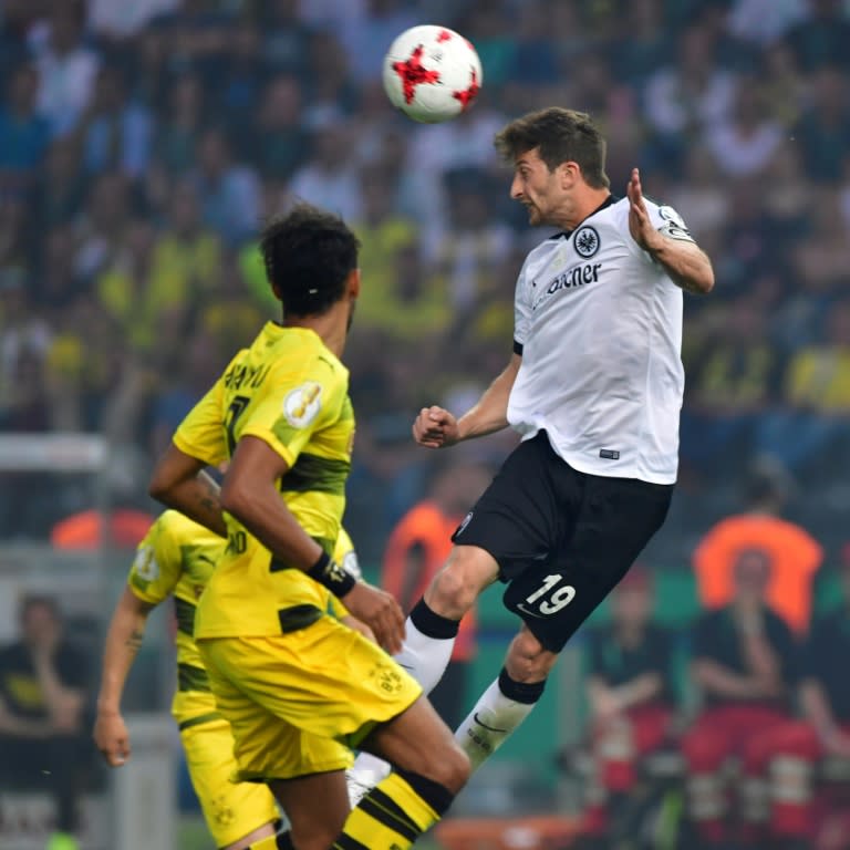 Frankfurt's David Abraham heads the ball during their German Cup final against BVB Borussia Dortmund on May 27, 2017