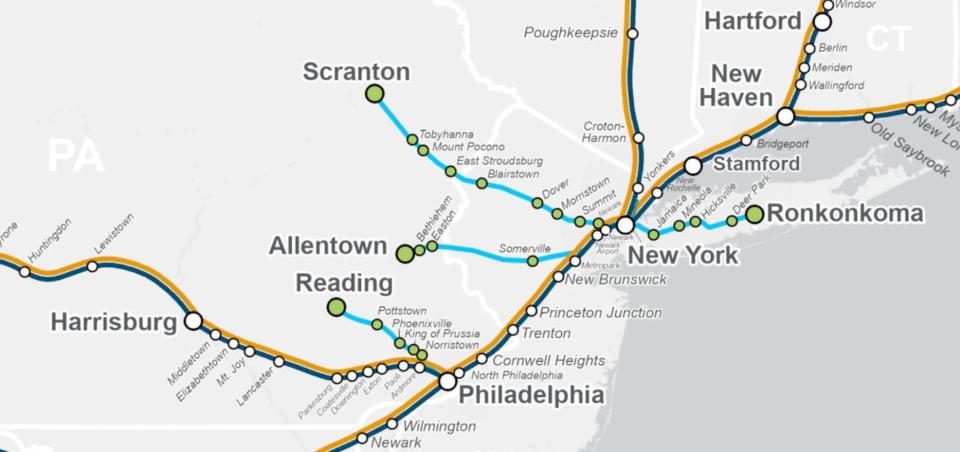 This map from Amtrak shows the stops on a potential Scranton to New York City route.