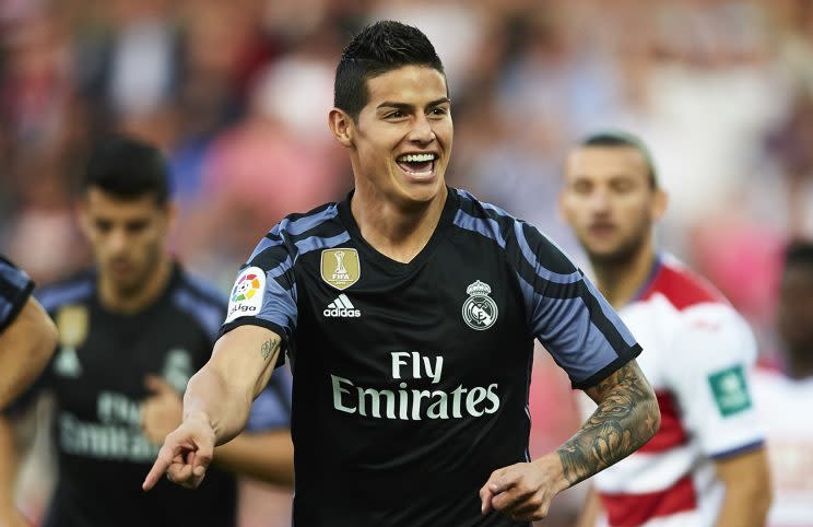 James Rodriguez scored two goals in the first 11 minutes of Real Madrid’s blowout win. (Getty)