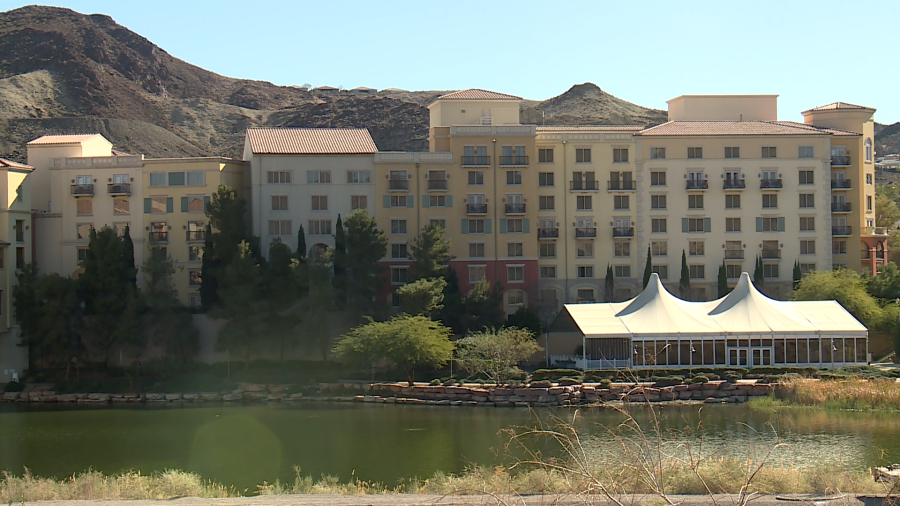 Outside the Hilton Lake Las Vegas, the hotel accommodations for the San Fransisco 49ers throughout the week before and on Super Bowl Sunday. (KLAS)