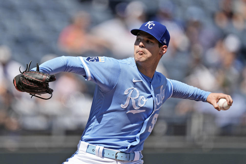 Kansas City Royals starting pitcher Cole Ragans throws during the first inning of a baseball game against the Chicago White Sox Monday, Sept. 4, 2023, in Kansas City, Mo. (AP Photo/Charlie Riedel)