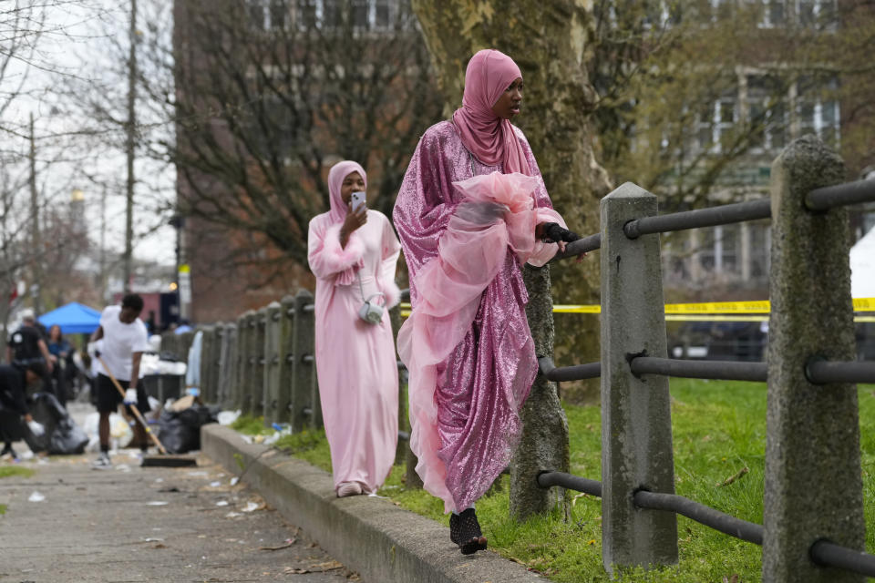 People view the aftermath of a shooting at an Eid al-Fitr event in Philadelphia, Wednesday, April 10, 2024. (AP Photo/Matt Rourke)