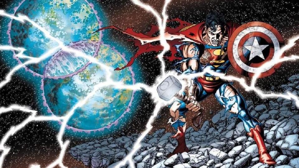 Superman holds Thor's hammer and Captain America's shield in JLA/Avengers. Art by George Perez.