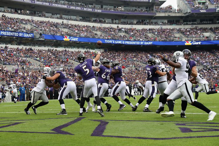 The Ravens will play the Raiders at the end of a brutal three-game series. (Getty)