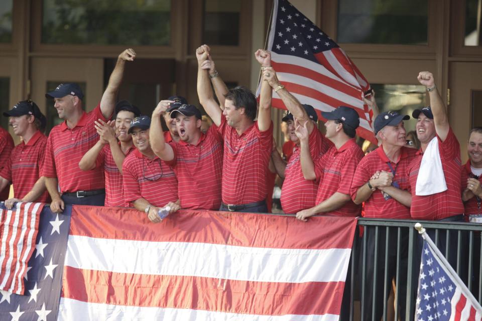 Champagne flowed from the balcony at Valhalla as the American Team celebrated._(By Michael Clevenger, The Courier-Journal)_September 21, 2008