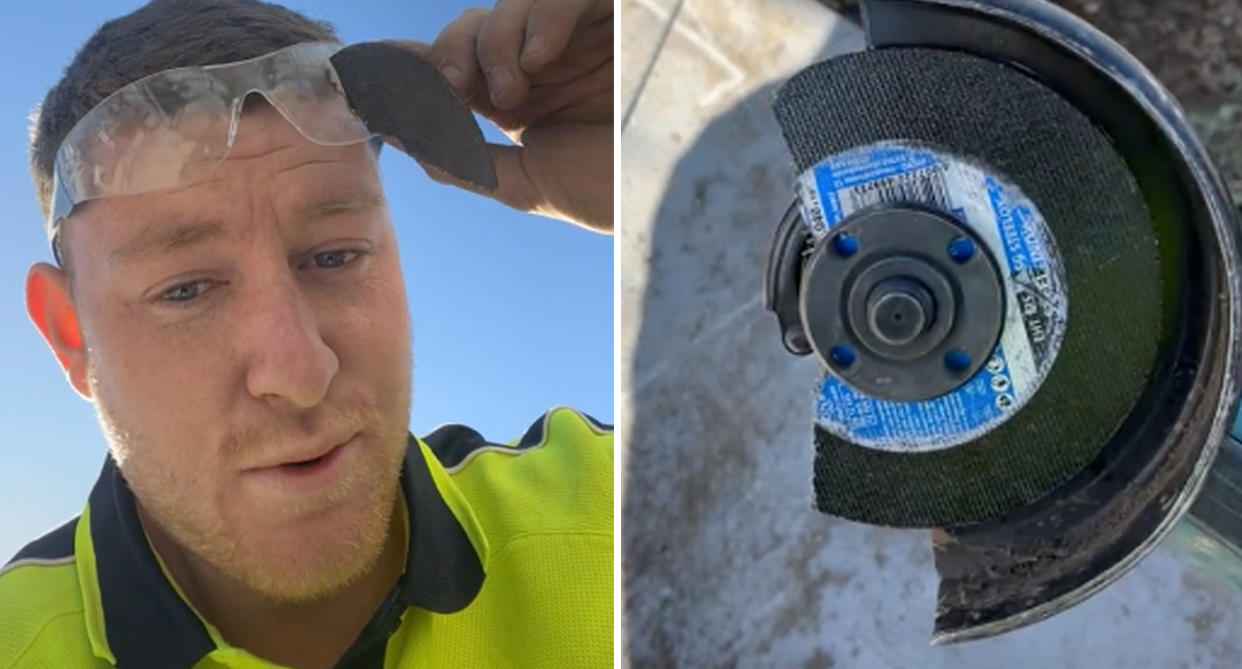 A man shows a piece of a grinder lodged in his safety glasses that could've led to a workplace injury if not for his safety gear. Source: TikTok / bradmorrison94