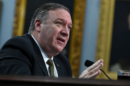 FILE PHOTO: U.S. Secretary of State Mike Pompeo testifies at a House Appropriations Subcommittee hearing on the State Department's budget request for 2020 in Washington D.C., U.S. March 27, 2019. REUTERS/Erin Scott