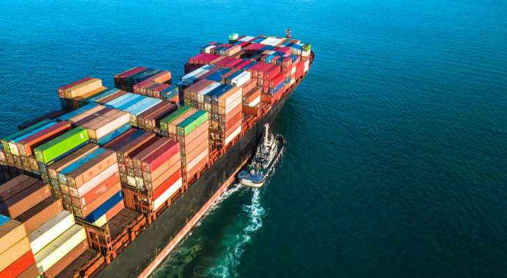 Aerial view container ship business import export logistic and transportation of international by container cargo ship in the open sea, Marine cargo freight shipping.