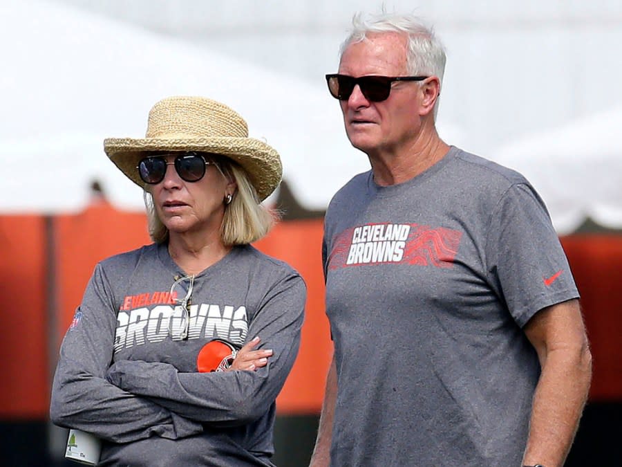 FILE – Cleveland Browns football owners Dee, left, and Jimmy Haslam watch the action during the fourth day of NFL football training camp, July 28, 2019, in Berea, Ohio. The Haslams are not setting any public expectations for their team this season. There is enough pressure to win already. (John Kuntz/Cleveland.com via AP, File)