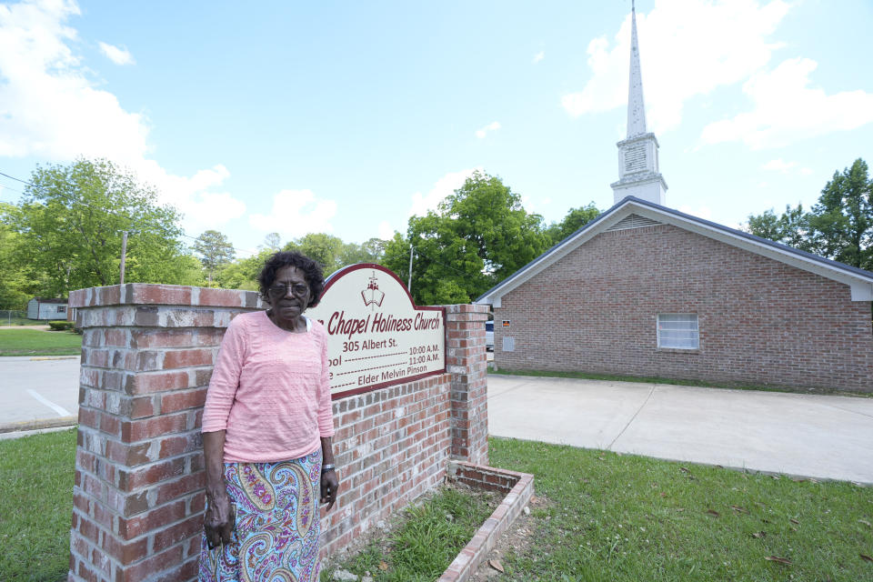 Johnson Chapel Holiness Church assistant pastor Rev. Letha Morgan, aunt to the members of the Staple Jr. Singers, recalls their playing every Sunday at the Aberdeen, Miss., church, on May 20, 2024. (AP Photo/Rogelio V. Solis)