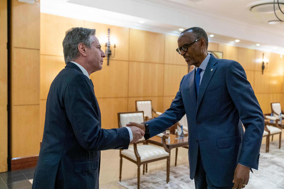 US Secretary of State Antony Blinken meets with Rwandan President Paul Kagame at the Presidents Office in Urugwiro Village in Kigali, Rwanda, on August 11, 2022.<span class="copyright">Andrew Harnik—Pool/AFP/Getty Images</span>