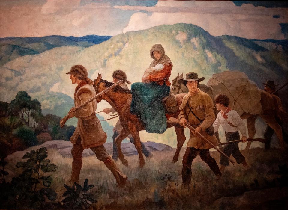 " Daniel Boone, The Home Seeker-Cumberland Valley " by N.C. Wyeth in the new Rockwell/Wyeth Icons Of Americana exhibit at the Polk Museum of Art in Lakeland Fl. Wednesday January 24,2024.
Ernst Peters/The Ledger