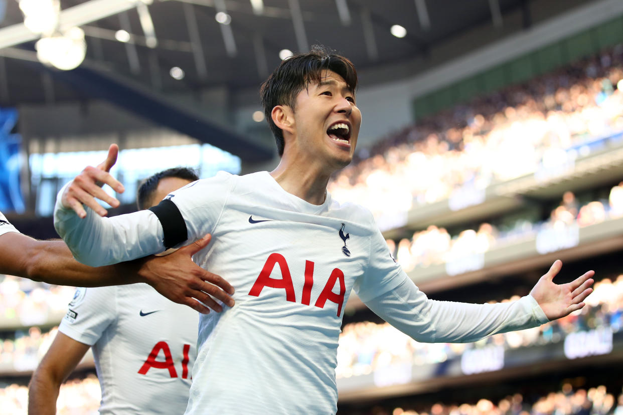 Son Heung-min of Tottenham Hotspur celebrates a goal in the English Premier League. 