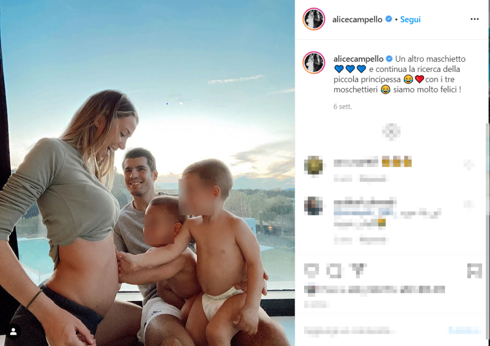 L'influencer veneziana, moglie del calciatore Alvaro Morata, ha annunciato di essere in attesa del terzo figlio maschio (dopo i gemelli Alessandro e Leonardo) all'inizio della quarantena.