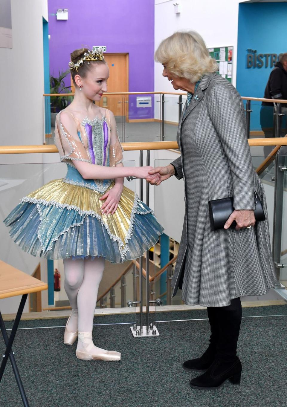 <p>Camilla meets a young dancer during her visit to Elmhurst Ballet School in Birmingham, of which she is a patron.</p>