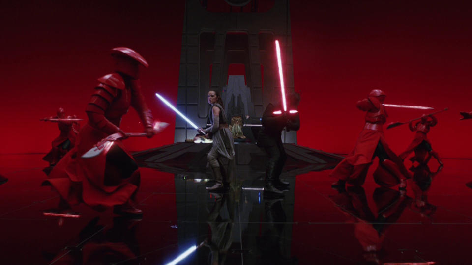 Rey and Kylo Ren versus Snoke's guards in The Last Jedi.