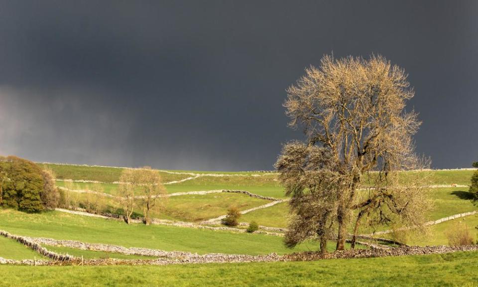 the distinctive drystone walls of Chelmorton against a dark grey sky