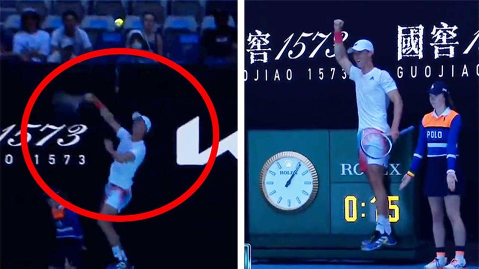 Joe Salisbury (pictured left) hitting an overhead winner at the Australian Open and (pictured right) celebrating.