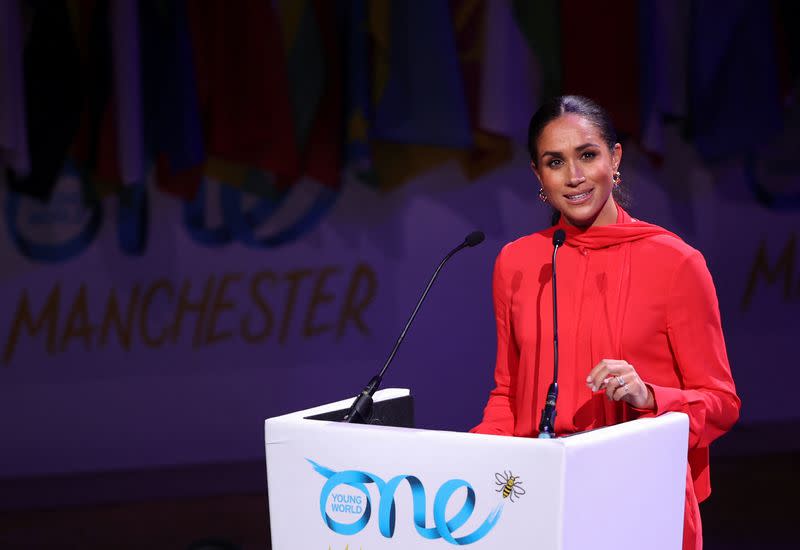Britain's Meghan, Duchess of Sussex speaks during the opening ceremony of the One Young World summit, in Manchester