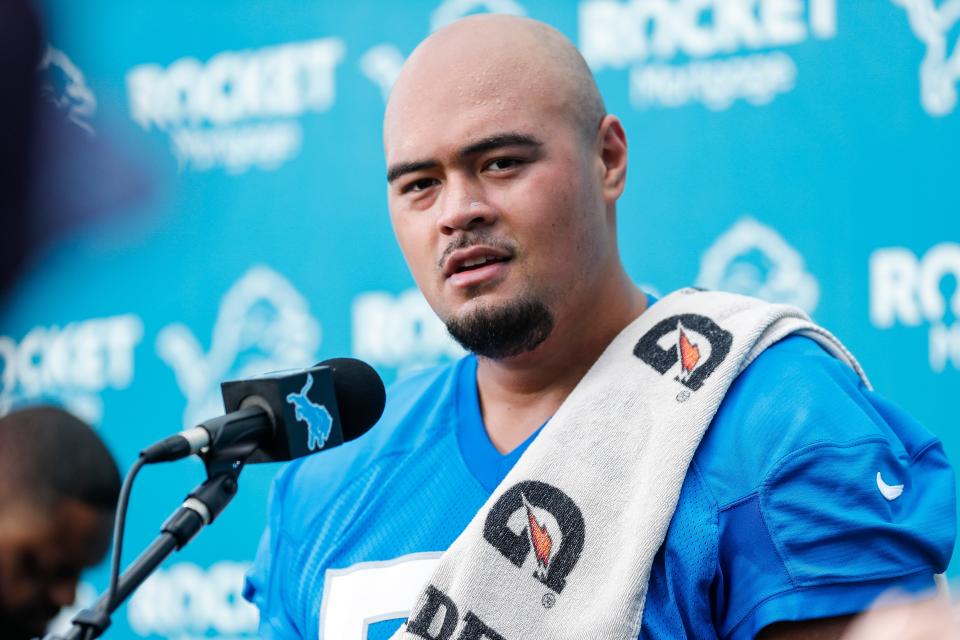 Detroit Lions offensive lineman Giovanni Manu (59) speaks to media members during rookie minicamp at Detroit Lions headquarters and practice facility in Allen Park on Friday, May 10, 2024.
