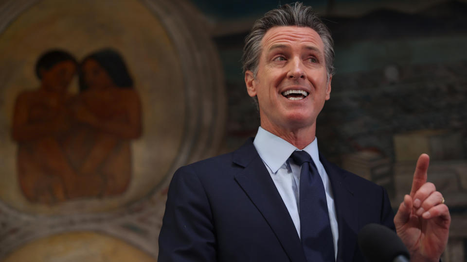 California Gov. Gavin Newsom speaks during a press conference at The Unity Council on May 10, 2021 in Oakland, California. California Gov. Gavin Newsom announced a $100 billion economic recovery package for the state that would include a new round of $600 stimulus checks for low-income residents making up to $75,000 a year. (Justin Sullivan/Getty Images)