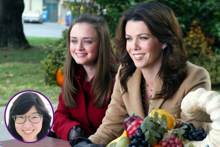 Alexis Bledel and Lauren Graham; (inset) Angela Kim (Credit: Mitchell Haddad/CBS/Getty Images; Twitter)