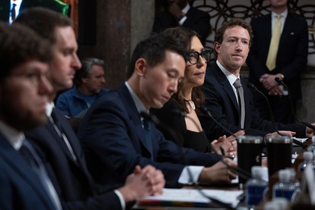 From left to right, Discord CEO Jason Citron, Snap CEO Evan Spiegel, TikTok CEO Shou Zi Chew, X CEO Linda Yaccarino and Meta CEO Mark Zuckerberg testify at a Senate Judiciary Committee hearing on online safety for children on Jan. 31, 2024.