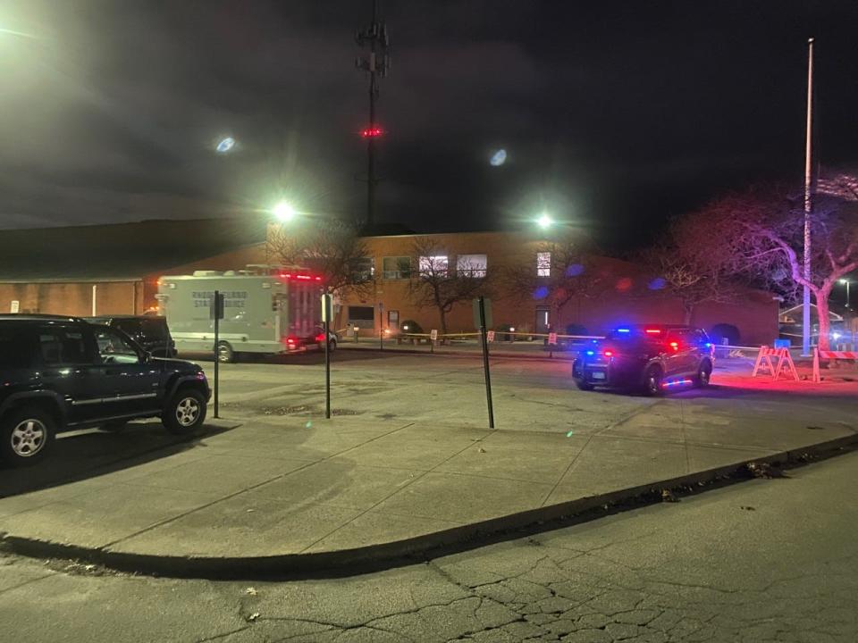 The Warwick Police Department after an officer-involved shooting in the station's lobby on Friday.