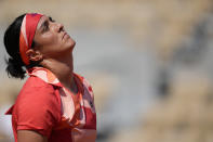 Tunisia's Ons Jabeur reacts after missing a shot against Brazil's Beatriz Haddad Maia during their quarterfinal match of the French Open tennis tournament at the Roland Garros stadium in Paris, Wednesday, June 7, 2023. (AP Photo/Thibault Camus)