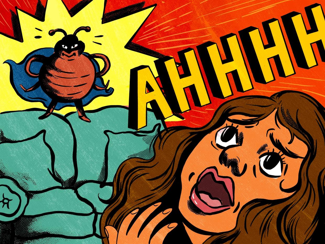 In a cartoon-like drawing, a woman screams in terror as a villainous bedbug emerges on top of a couch, adorned with a blue cape and black mask. Large yellow letters depict this screaming, saying, "AHHHHHH"