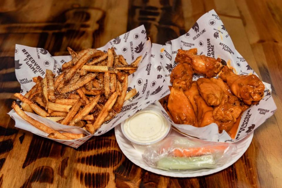 Colorado-based Golden Flame Hot Wings is opening its first Kentucky location (and first restaurant outside of Colorado) in Lexington near Fayette Mall. The restaurant mainly serves wings in various sauces and French fries but there are other items on the menu.