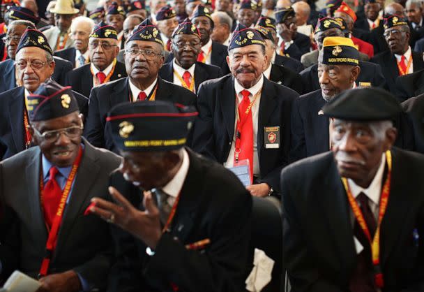 PHOTO: In this June 27, 2012, file photo, members of the Montford Point Marines attend a presentation ceremony of the Congressional Gold Medal at the Emancipation Hall of the Capitol Visitor's Center, on Capitol Hill in Washington, D.C. (Alex Wong/Getty Images, FILE)