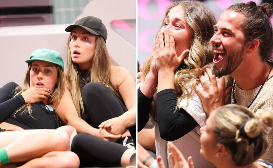 Left: Gabbie and Estelle are shocked in the Big Brother house. Right: Gabbie is shocked as Drew laughs. 