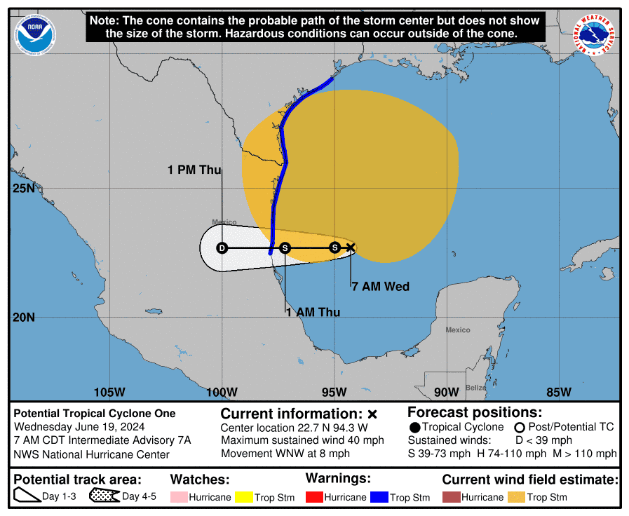 Forecast path for Potential Tropical Cyclone One 7 a.m. June 19, 2024.