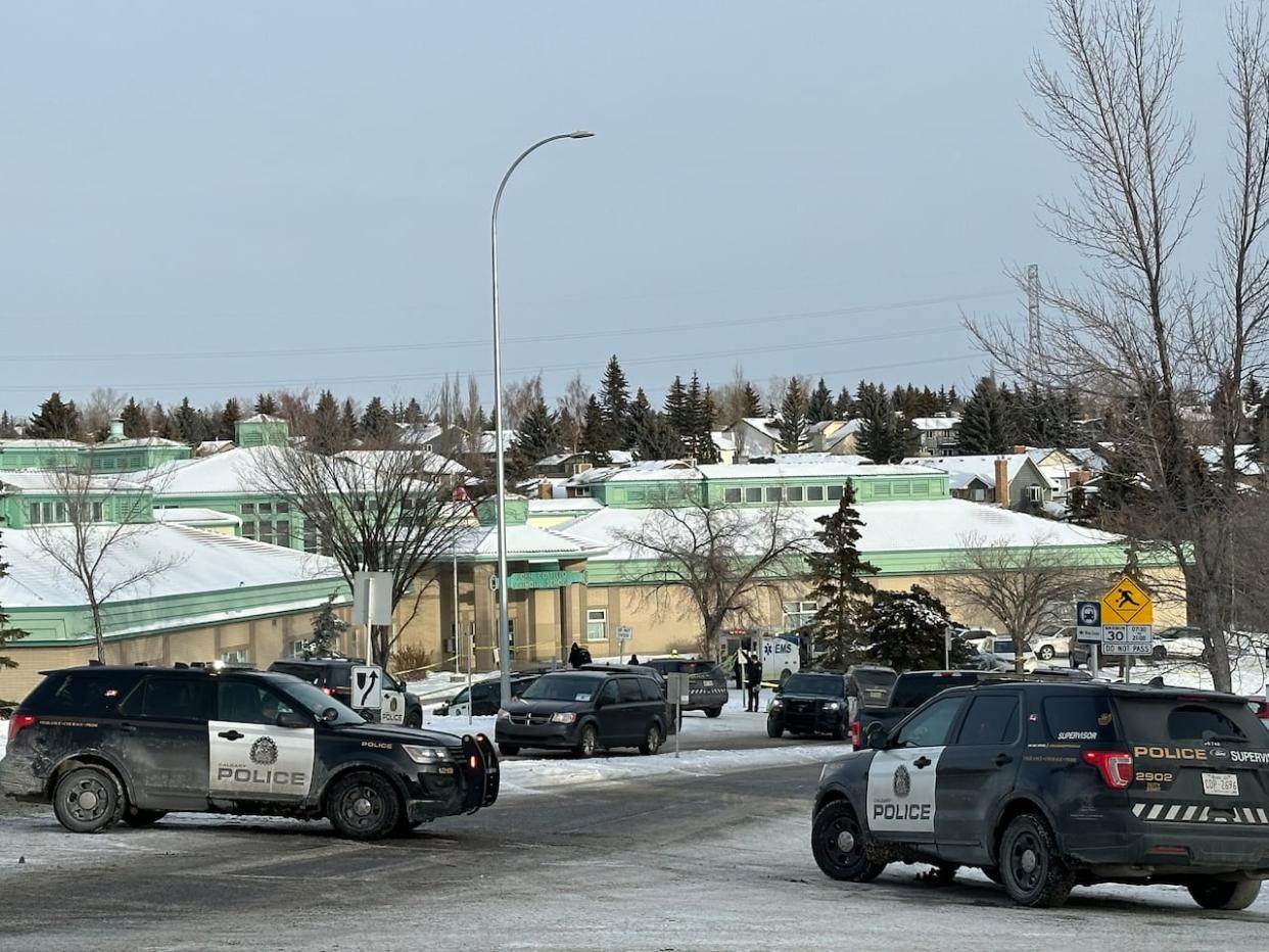 Several police vehicles were parked in front of John Costello Catholic School on Tuesday morning. (Dan McGarvey/CBC - image credit)