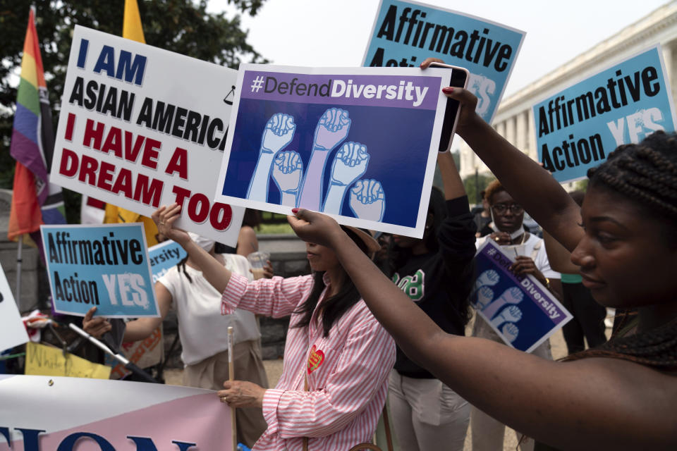 Demonstrators protest outside of the Supreme Court in Washington, Thursday, June 29, 2023, after the Supreme Court struck down affirmative action in college admissions, saying race cannot be a factor. (AP Photo/Jose Luis Magana)