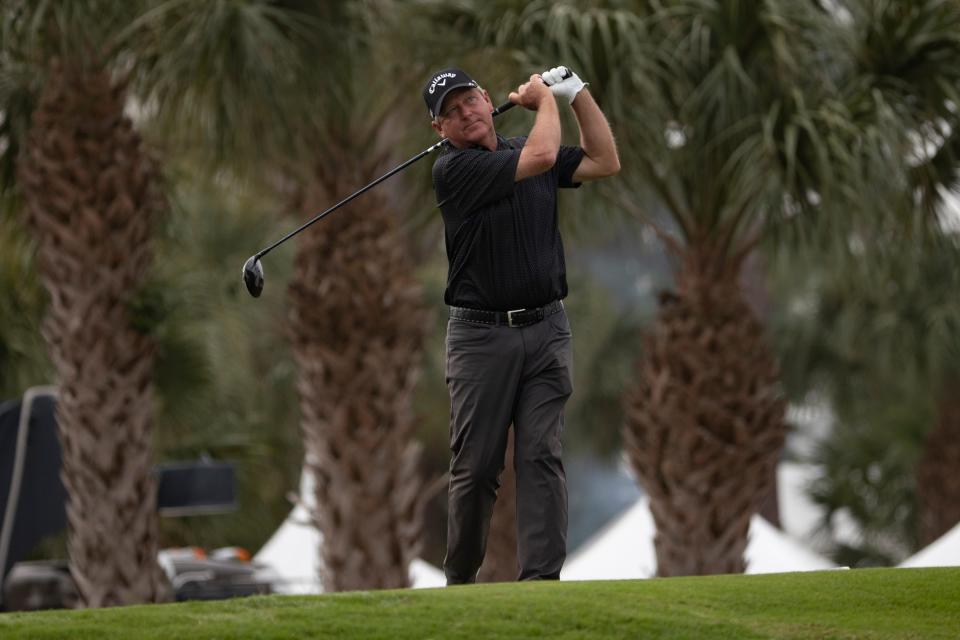 PGA veteran and Texas star Mark Brooks tees off at the 10th hole during the 2020 Chubb Classic in Lely, Fla. The seven-time PGA Tour champ is launching a new golf initiative at the University of Texas Golf Club.