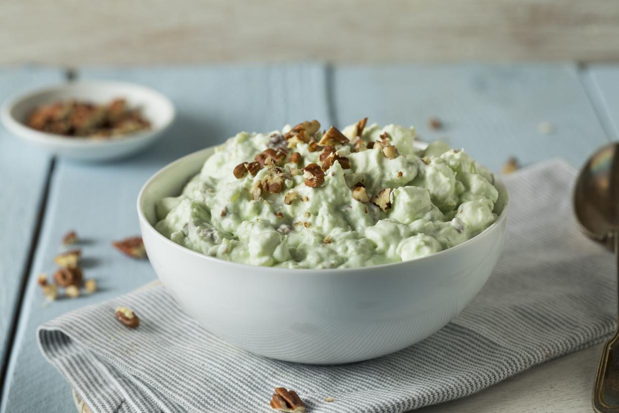 Homemade Green Pistachio Fluff Dessert with Pecans and Marshmallows