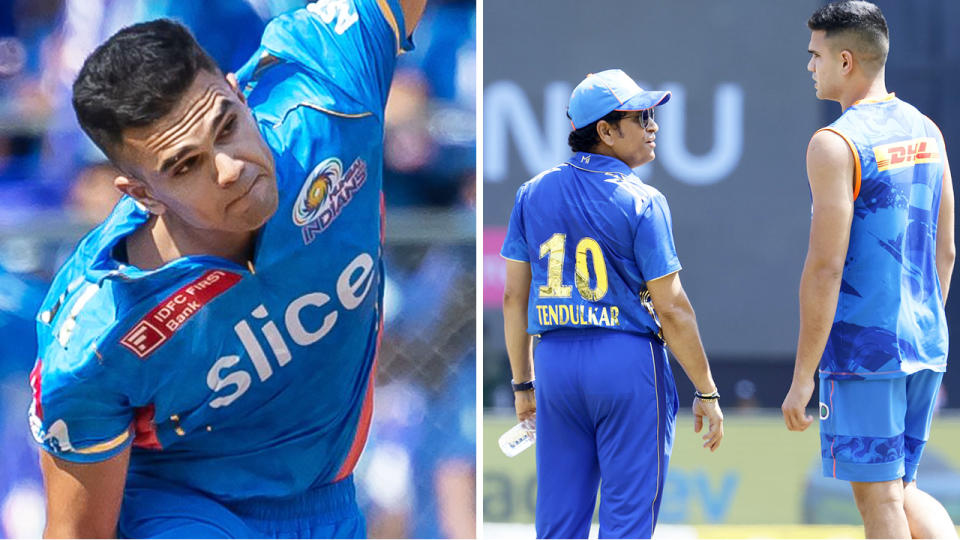 Arjun Tendulkar bowls on the left, and speaks with father Sachin Tendulkar on the right.