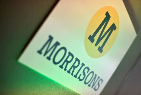 FILE PHOTO - Branding for Morrisons is seen in a conference room in central London, Britain September 10, 2015. REUTERS/Toby Melville/File Photo